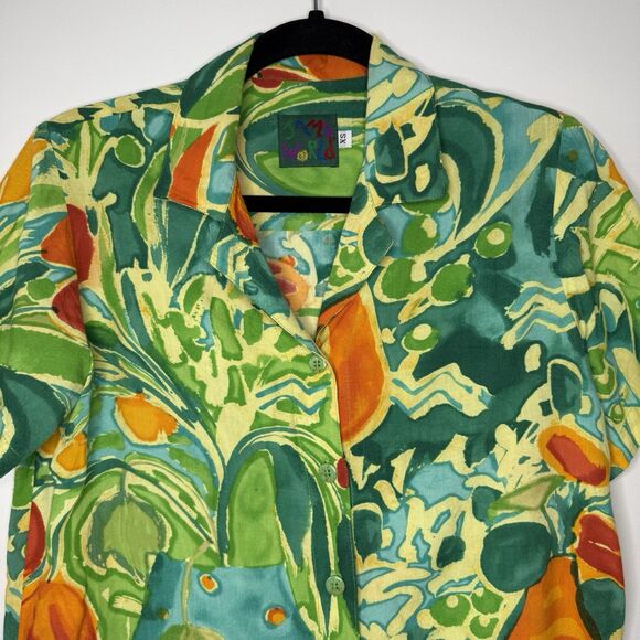 VINTAGE Jams World Hawaiian Floral Blouse Women’s XS Lily Vase Aloha Button Top - Picture 2 of 13